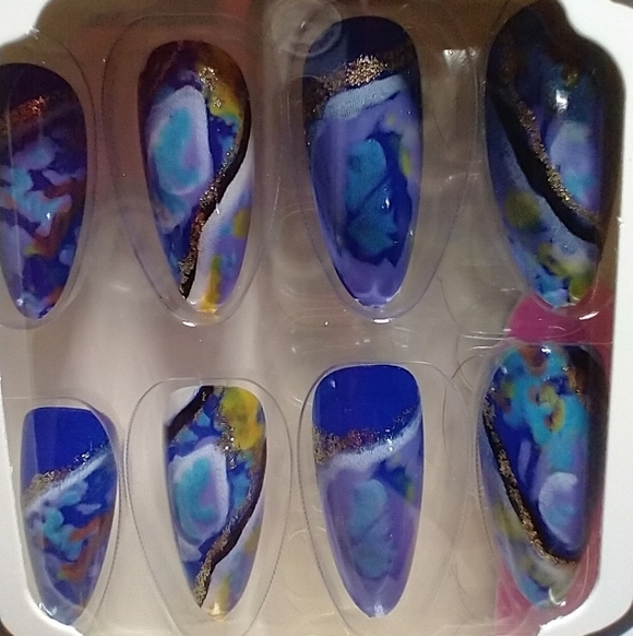 Press on nails blue gold glitter marble nail set - Picture 1 of 3